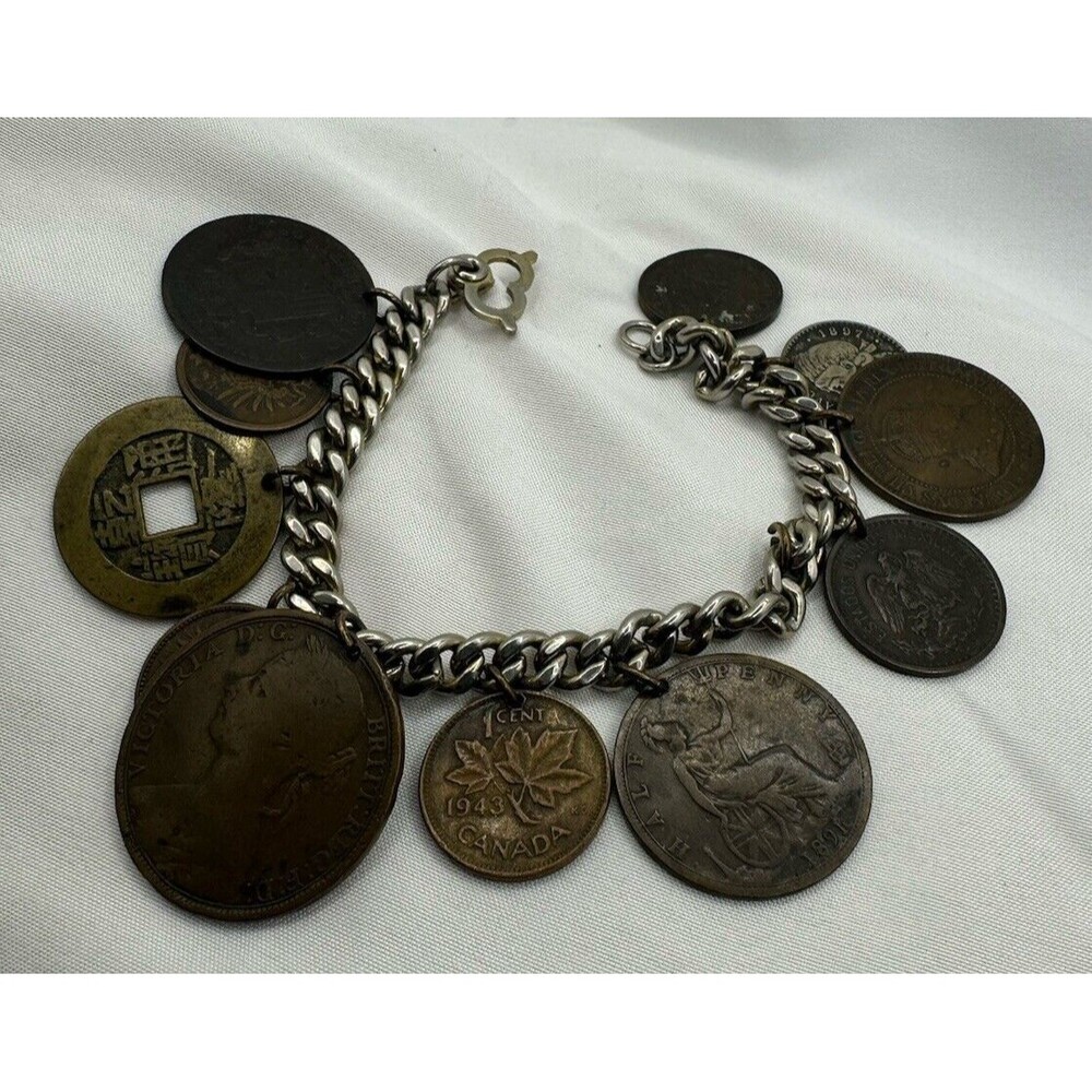 Vintage 11 Coin Charm Bracelet Mexico 1905 Canada 1943 1891 Queen Victoria 1875